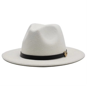 Close-up of white wool fedora hat with black leather band and gold H-letter buckle detail