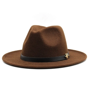 Dark brown wool fedora hat with black leather band and golden M metal buckle accent