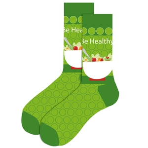 Detail view of green mid-calf socks with Be Healthy text and salad bowl patterns
