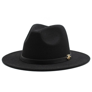 Classic black wool felt fedora with stylish leather band and golden metal buckle