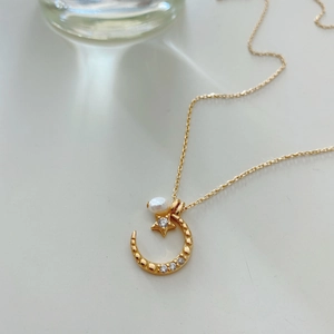 French style S925 sterling silver sun moon pearl necklace with sparkling gold finish