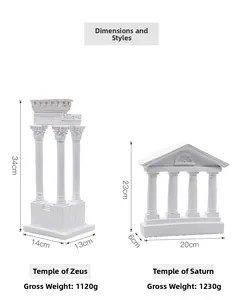 Comparaison détaillée de modèles de temples grecs en résine avec dimensions et poids