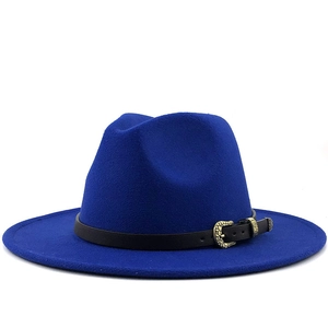 Royal blue wool fedora hat with black leather band and gold leaf buckle on white background