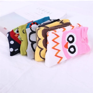 Set of five colorful cartoon owl socks in pink, yellow, grey, green and blue cotton
