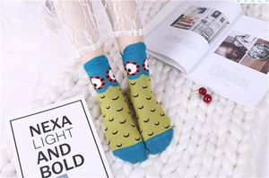 Cute owl pattern cotton socks for women featuring colorful knit stripes and cartoon eyes