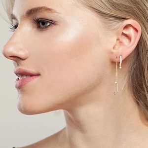 Golden tassel chain earring and stud set with zircon accents on a female model