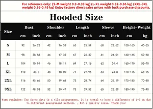 Detailed size chart for men's fleece hoodie including bust, shoulder, and length measurements