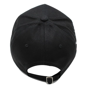 Detail of black cotton baseball cap showing adjustable silver metal buckle on the back
