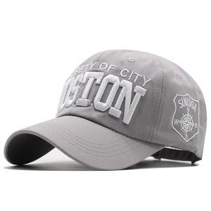Grey cotton baseball cap featuring white Boston 3D embroidery and side compass patch detail