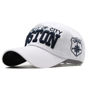 Close-up of Boston 3D embroidery on white cotton baseball cap with side logo detail