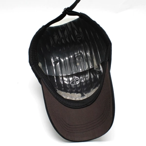 Boston embroidered baseball cap with black crown and brown brim, featuring hat shape support