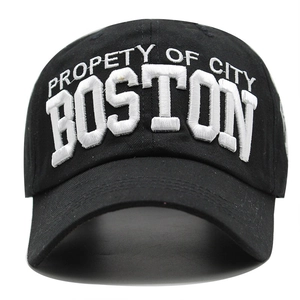 Classic black cotton baseball cap featuring white 3D Boston embroidered lettering