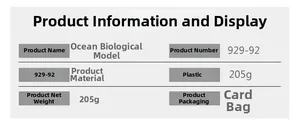 Specifications table for 5-piece plastic sea animal model set including shark and whale