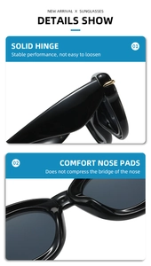Detail of solid metal hinges and comfortable nose pads on black oversized sunglasses