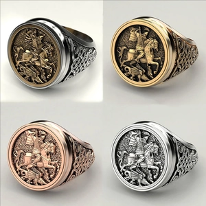 Vintage Men Signet Ring St George Slaying Dragon Relief Alloy Knight Horse Retro Jewelry Accessory