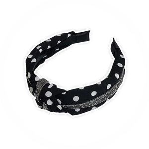 Serre-tête noir à pois en tissu avec nœud torsadé et détails en strass brillants pour femme