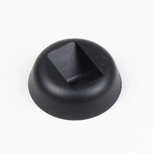 Close-up of a matte black round base with a central rectangular slot on a white background