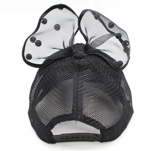 Black summer mesh sun hat for girls featuring a large mesh bow with pearl accents