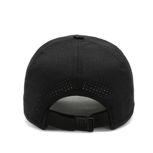 Rear view of black breathable quick-dry baseball cap with adjustable strap and mesh fabric