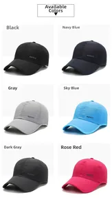 Quick-dry mesh baseball caps shown in black, navy, grey, blue, dark grey, and rose red