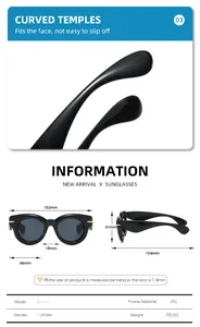 Detailed size specifications for retro round oversized sunglasses with PC frame measurements