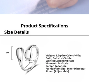 Scheda tecnica con peso 1,9g e misura regolabile 16mm per l'anello in metallo minimalista