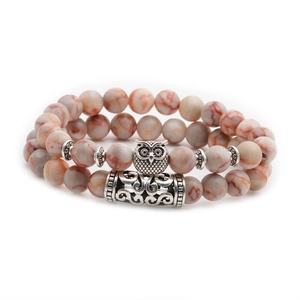 Double-layer beaded owl bracelet featuring reddish-brown agate stones and vintage silver charms