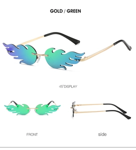 Three-view display of rimless fire flame sunglasses with gold frame and green lenses