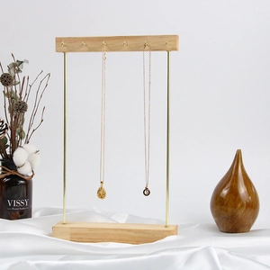 Solid wood and gold metal T-bar necklace display stand with hooks for jewelry storage