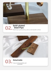 Detail of walnut wood base and gold plated steel rods with detachable design for display
