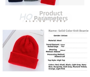 Detailed specs for unisex ribbed knit beanie showing color options and fabric texture