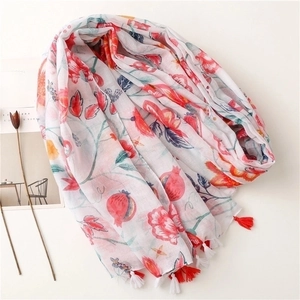 Floral print cotton linen scarf with red pomegranate pattern and tassel edge decoration