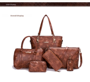 Detailed view of the 6-piece brown handbag set featuring premium woven texture leather