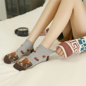 Women's cotton low cut ankle socks with grey knit and strawberry cake cartoon pattern