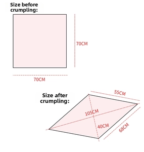 Detailed size chart showing dimensions of the pleated silk scarf before and after stretching