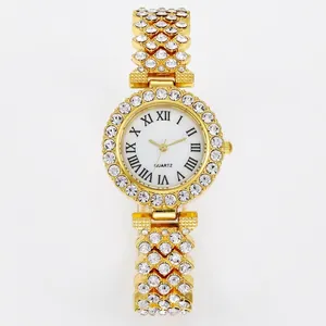 Elegante orologio da donna al quarzo in oro con strass e quadrante a numeri romani