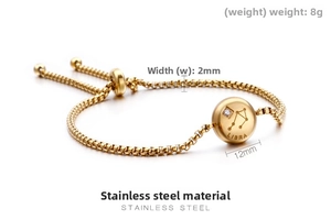 Detailed view of Libra zodiac gold stainless steel slider bracelet with dimensions