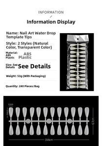 Macro detail of almond-shaped nail tips with dimensions and ABS material specs on black
