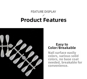 Detail showing tear-drop almond nail tips with easy-to-break connecting strips for nail art