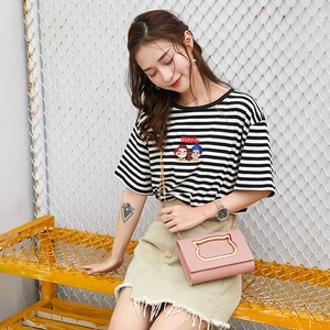 Pink PU crossbody bag with golden cat-shaped metal frame and chain strap for women
