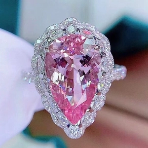Pear Shape Pink Stone Ring Pendant Copper Cubic Zirconia Waterdrop Adjustable Luxury Elegant Wedding Jewelry For Women