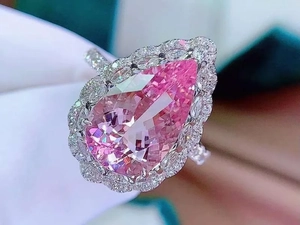 7.5ct pear-cut pink morganite ring with double halo pavé diamonds on silver band
