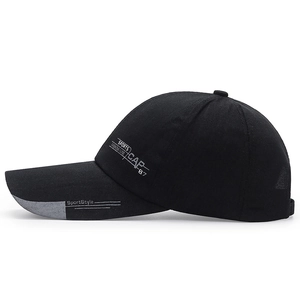 Black long brim baseball cap with sports embroidery for outdoor sun protection