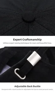 Detail of black cotton baseball cap showing reinforced stitching and adjustable metal buckle