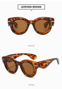 Detailed front and 45-degree side views of leopard print sunglasses with brown lenses