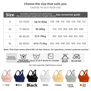 Detailed size chart for high-impact sports bra showing measurements for S to XL sizes