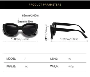 Detailed size chart for cat eye sunglasses showing frame dimensions and PC lens material
