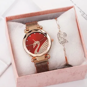Women's rose gold watch and swan bracelet gift set with red gradient dial in pink box