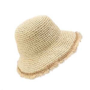 Beige handmade crochet straw sun hat with frayed brim for women beach summer wear