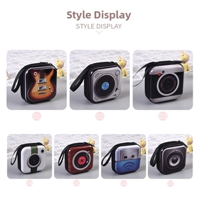 Square tinplate coin purse for earphones featuring vintage music and camera designs